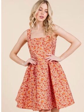 Lovelo Orange Floral Square-Neck Mini Dress
